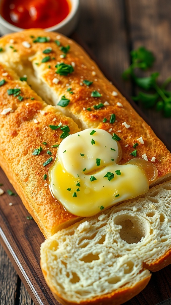 Sliced garlic bread with melted butter and parsley on a wooden table, served with marinara sauce.